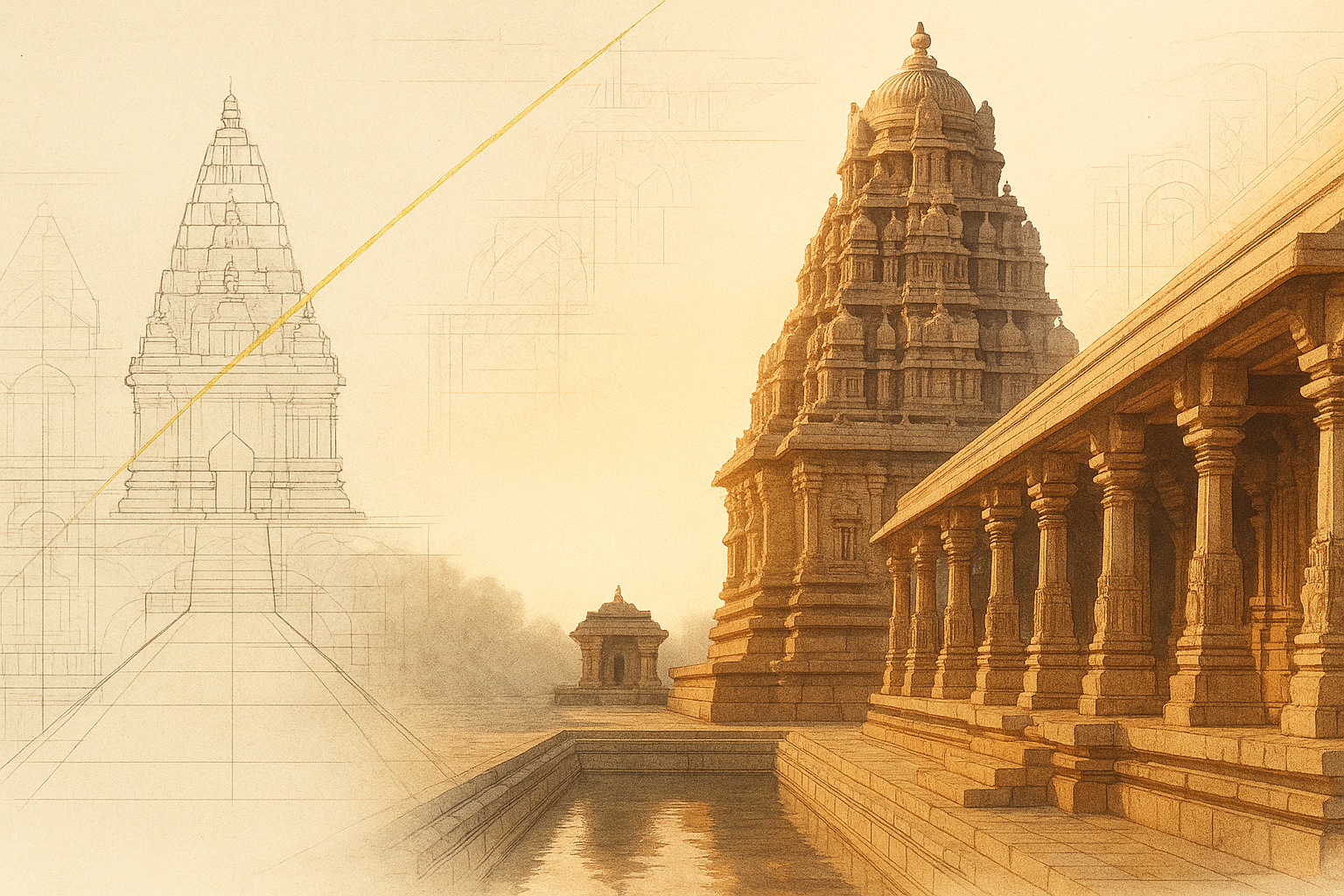South Indian stone temple composite—photo blended with pencil construction lines and grid.