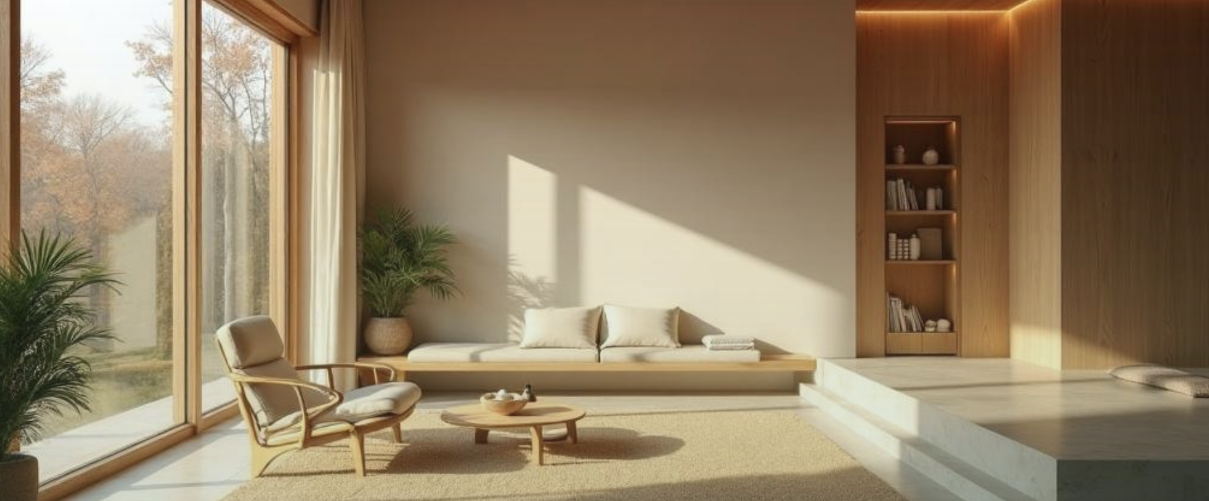 Image of a brightly lit minimal living space, overlooking a garden with low furniture and a center table. Also featuring a book shelf and platform.